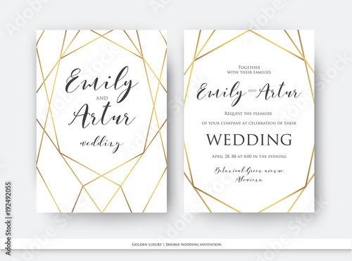 Wedding double invite, invitation save the date card elegant design with luxury vector golden foil geometrical, linear decorative frame, border. Beautiful abstract art concept. Trendy, modern template