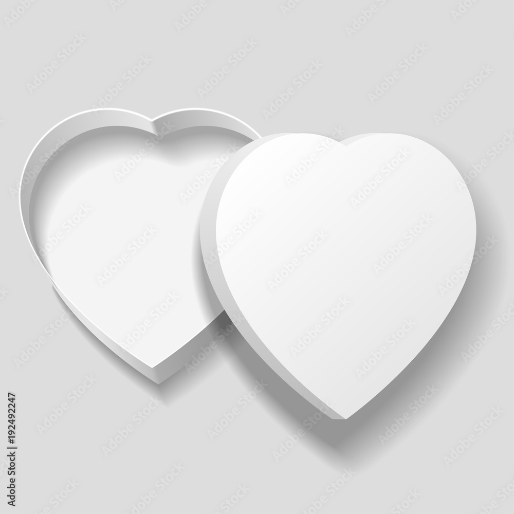 Vector realistic blank white heart shape box isolated on gray background. Vector realistic blank white heart shape box isolated on gray background.