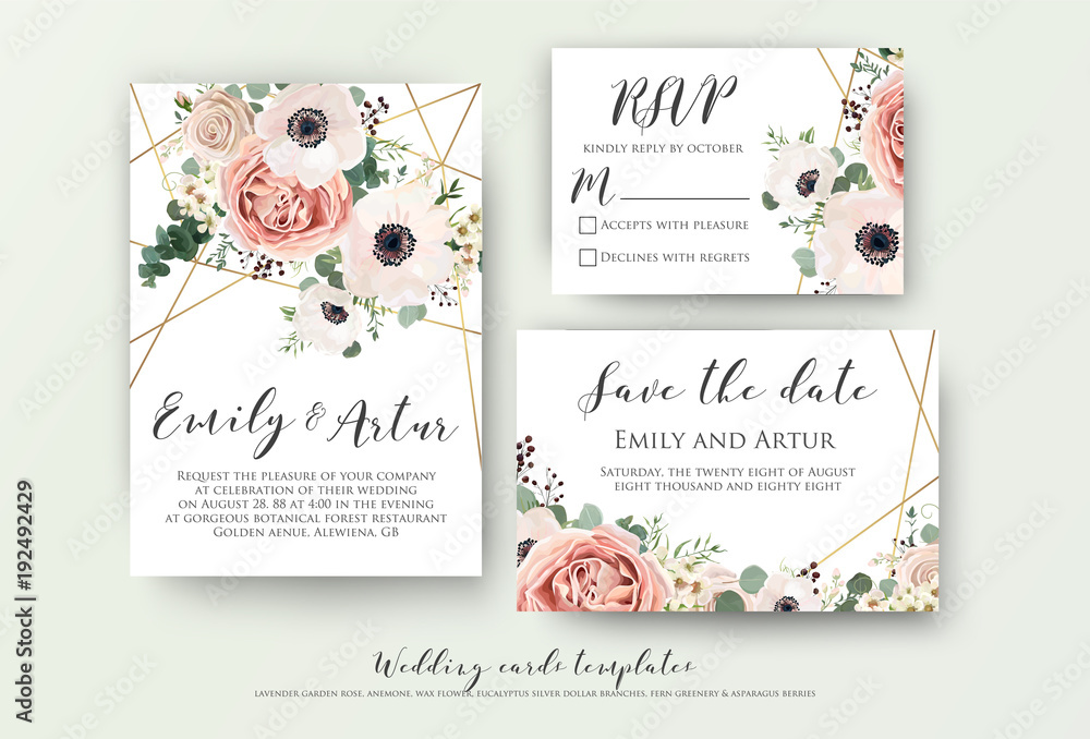 Wedding invite, invitation, rsvp, save the date card design with elegant lavender pink garden rose anemone, wax flowers eucalyptus branches leaves, cute golden geometrical pattern. Vector template set - obrazy, fototapety, plakaty 