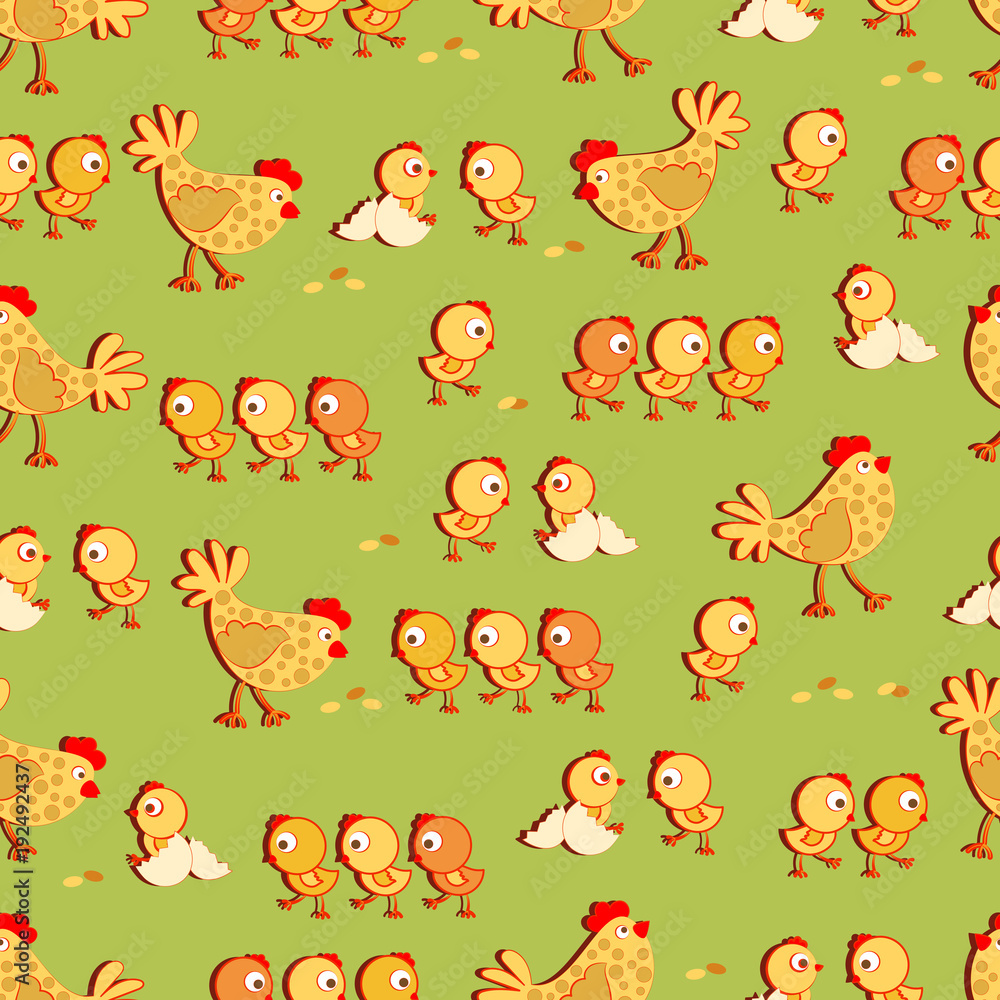 Fototapeta premium Chicken hen and little chickens. Seamless pattern. Design for children's textiles, background image for packaging materials, farm products. Cartoon style.