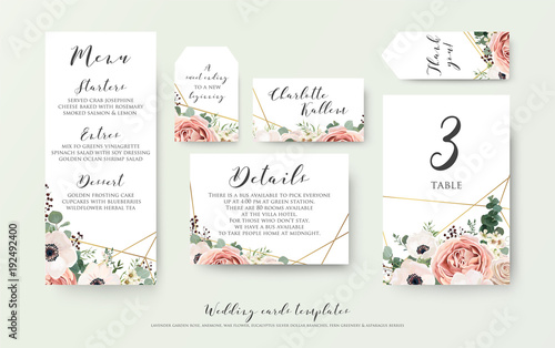 Wedding menu, information, label, table number and place card design with elegant lavender pink garden rose, anemone, wax flowers eucalyptus branches, leaves & cute golden pattern. Vector template set