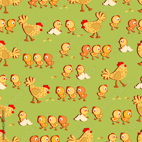 Chicken hen and little chickens. Seamless pattern. Design for children s textiles  background image for packaging materials  farm products. Cartoon style.