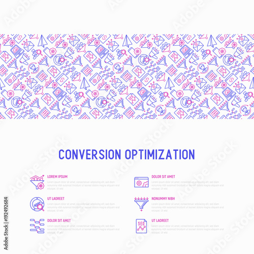 Conversion optimization concept with thin line icons: marketing, customer management, SEO technology, website promotion, visitors, sales funnel, web traffic. Modern vector illustration for print media