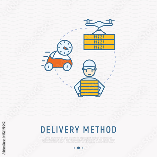 Delivery methods of pizza: electrocar, quadcopter with boxes, courier thin line icons. Modern vector illustration.
