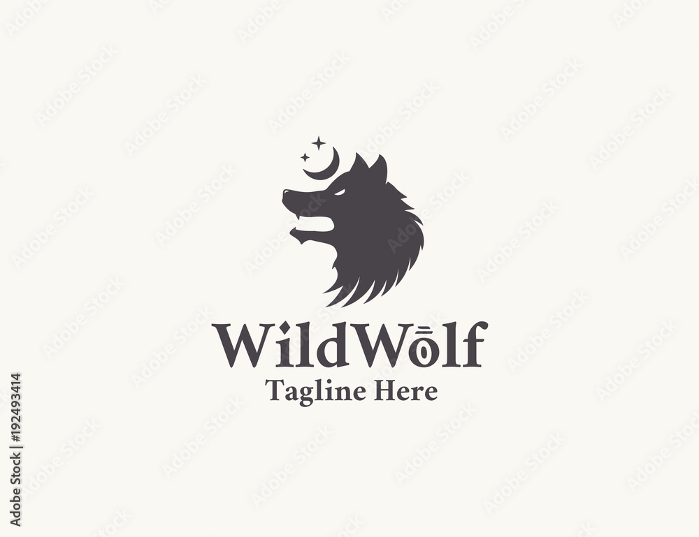 Tribal esoteric wolf logo. Vector illustration with wolf head, moon and stars