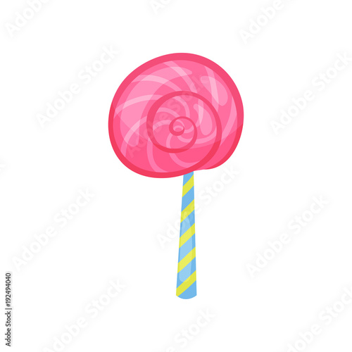 Cartoon icon of strawberry lollipop in flat style. Tasty spiral candy on stick. Colorful vector design element for Happy Birthday card or sweet shop