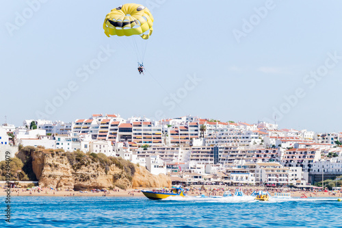 Inside view of the Parasailing experience with speed boat and boat tour experiences in Albufeira, Algarve PortugalBenagil Sea Cave on Praia de Benagil, Benagil Beach Algarve Portugal.