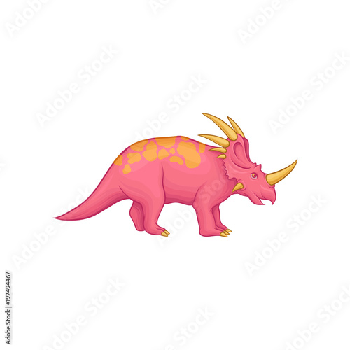 Cartoon styracosaurus dinosaur. Pink prehistoric creature with long tail  orange spots on back  horns on neck  cheeks and nose. Jurassic period animal. Flat vector design