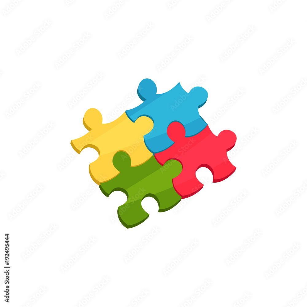 Four connected pieces of puzzle. Cartoon icon of children s jigsaw. Educational game for kids. Colorful flat vector design for web or mobile app Four connected pieces of puzzle. Cartoon icon of children s jigsaw. Educational game for kids. Colorful flat vector design for web or mobile app