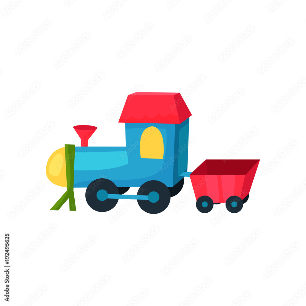 Colorful plastic locomotive on wheels with little wagon. Children s toy train. Flat vector icon for kids web store and mobile application Colorful plastic locomotive on wheels with little wagon. Children s toy train. Flat vector icon for kids web store and mobile application