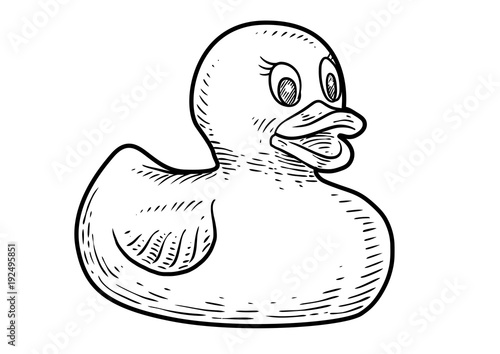 Rubber duck illustration, drawing, engraving, ink, line art, vector