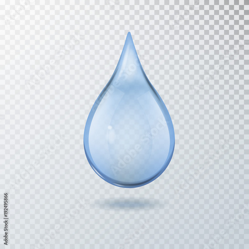 Realistic vector 3d transparent blue water drop isolated.