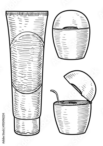 Toothpaste tube, dental floss illustration, drawing, engraving, ink, line art, vector