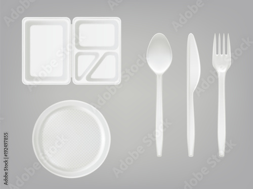 Vector 3d realistic disposable plastic lunch box with partition, plate, cutlery - spoon, fork, knife. Picnic party tableware isolated icons set on gray background. Template, mockup of eco kitchenware