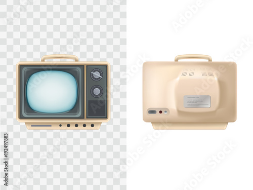 Vector illustration of vintage tv set. Front, back view. Television device. Retro electric video display, isolated object for broadcasting, news. Communication, entertainment, technology icon.
