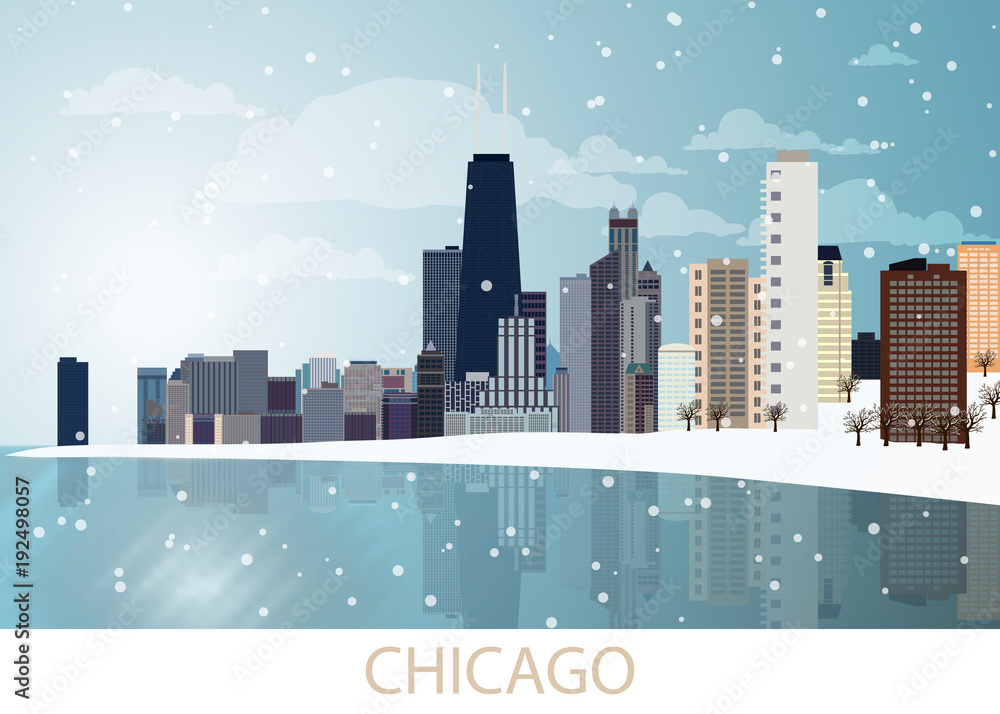 Snowing Winter Panorama of Chicago city with skyscrapers, frozen lake Michigan, Willis Tower, trees, snowflakes and blue sky and sunny day. Landscape, view, snow, travel, USA. Vector EPS 10