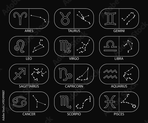 Vector graphics astrology set. A simple geometric representation of the zodiac signs and constellations for horoscope with titles, line art isolated illustration on black background