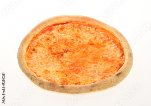 Pizza with red sauce and cheese isolated on white background. photo