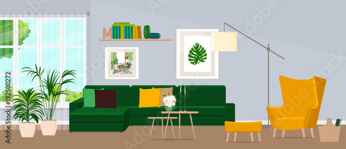 The design of the living room with fashionable furniture. Vector illustration of a flat style.
