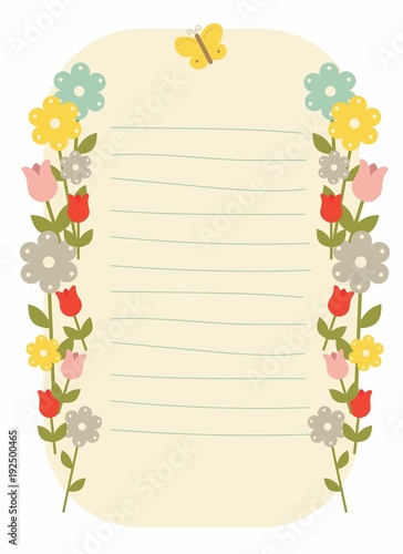 cute notepad with colorful bright flowers and butterfly vector