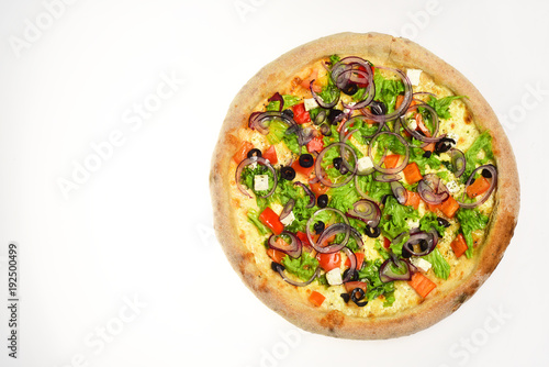Pizza with tomatoes, feta cheese, salad and red onion
