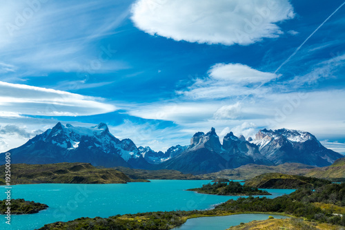 Pehoe lake and Guernos mountains beautiful landscape, national park Torres del Paine, Patagonia, Chile, South America
 photo