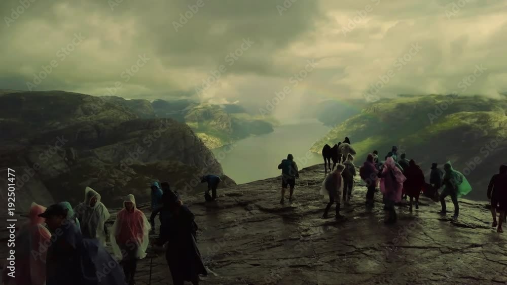 Aerial view from drone on breathtaking lysefjord during the rain. Cloudy sky. 4k footage, drone view. Preikestolen, Norway. Aerial view from drone on breathtaking lysefjord during the rain. Cloudy sky. 4k footage, drone view. Preikestolen, Norway.