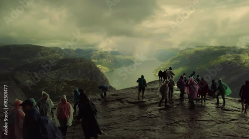 Aerial view from drone on breathtaking lysefjord during the rain. Cloudy sky. 4k footage, drone view. Preikestolen, Norway.