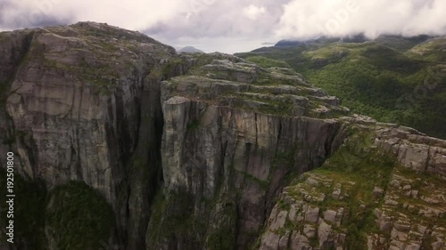 Aerial view from drone on breathtaking lysefjord during the rain. Cloudy sky. 4k footage, drone view. Preikestolen, Norway.