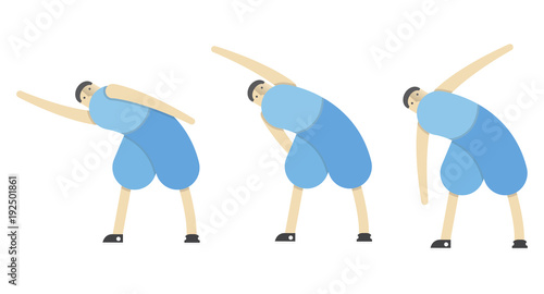 a man warms up his muscles, exercises gymnastics, the athlete stretches,Vector image, flat design, animated cartoon character