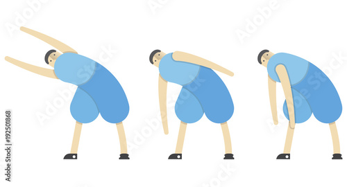 a man warms up his muscles, exercises gymnastics, the athlete stretches,Vector image, flat design, animated cartoon character