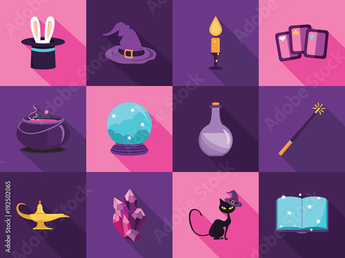 Set collection of vector cartoon magic flat icons. Fantastic Symbols