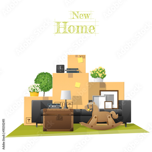 Moving home concept background with cardboard boxes and furniture in new living room , vector , illustration