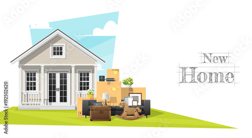 Moving home concept background with small house and furniture , vector , illustration