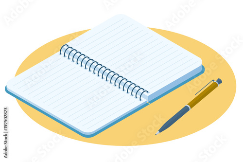 Flat isometric illustration of opened notebook. Office and school vector concept: paper notepad with a pan. Business and education workplace paperwork elements isolated on white background.