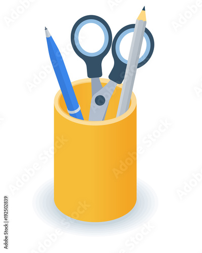 Flat isometric illustration of supplies desktop organizer. Office and school vector concept: pens and pencils yellow holder cup. Business and education workplace element isolated on white background.