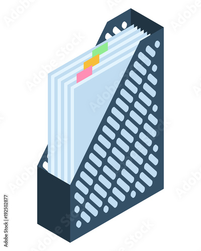 Flat isometric illustration of paper document tray. Office workplace element: files and documents desktop storage, organizer. Business work organization vector concept isolated on white background.