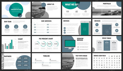 Modern Minimalist Green and Gray Circles Presentation Template. You can use it presentation, flyer and leaflet, corporate report, marketing, pitch, annual report, catalog.