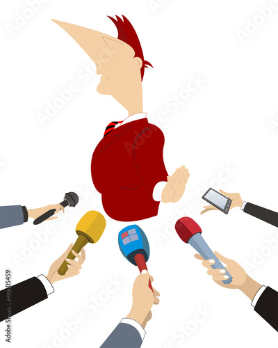 Politician does not want to give the interview to mass media. Hands of reporters with microphones and a functionary who is refusing to answer the questions isolated illustration
