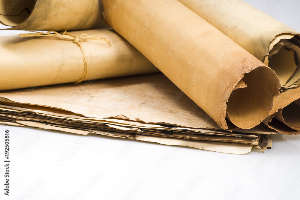 Scrolls of parchment on a background of sheets of old parchment on a white background