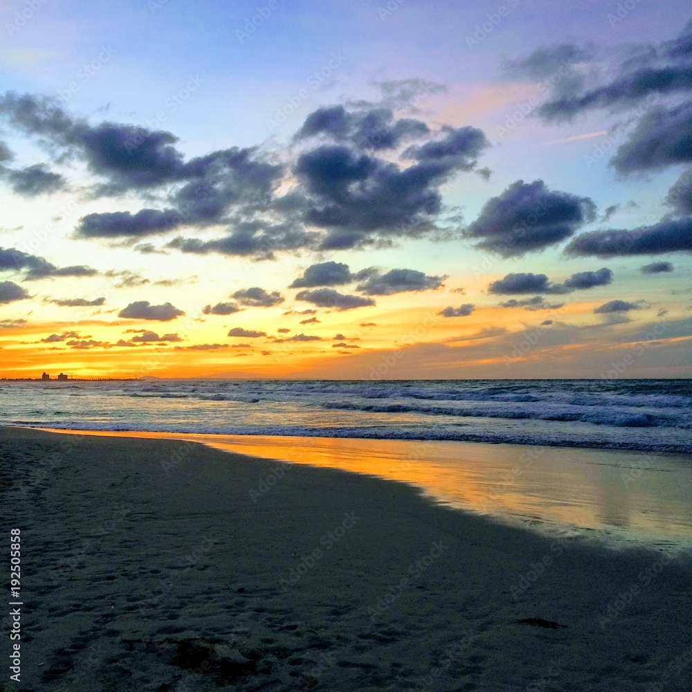 sunset, sea, beach, sky, ocean, water, sun, clouds, sunrise, cloud, landscape, waves, nature, sand, evening, blue, orange, coast, summer, wave, horizon, reflection