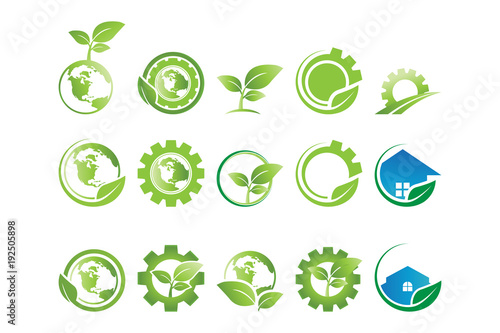 Collection of gear and leaf go green agriculture logo and icon template vector