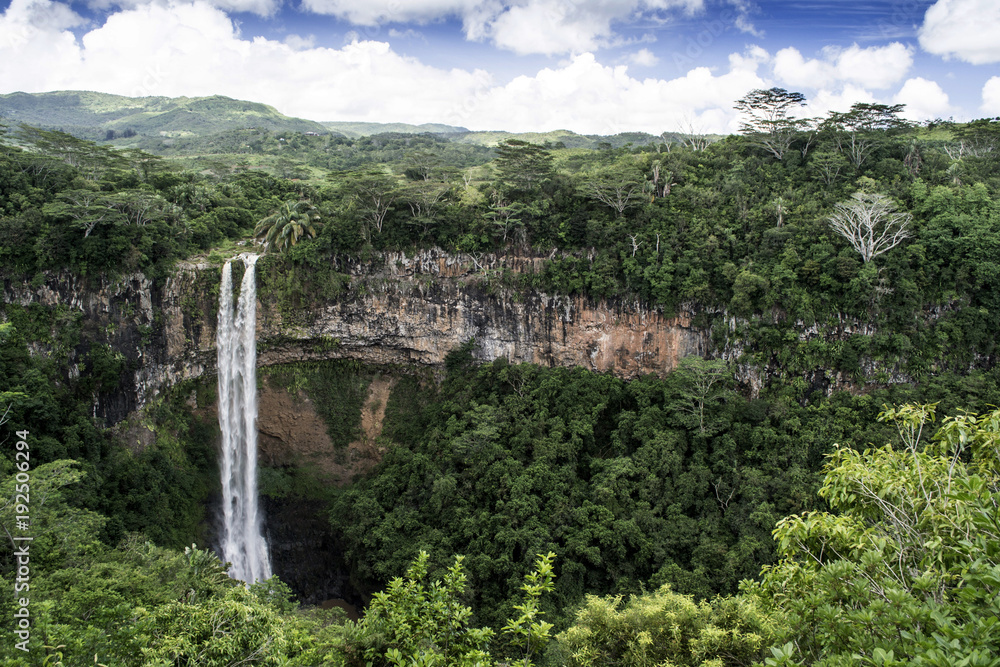 Dramatic waterfall of Chamarel in the national park inland of Mauritius Island