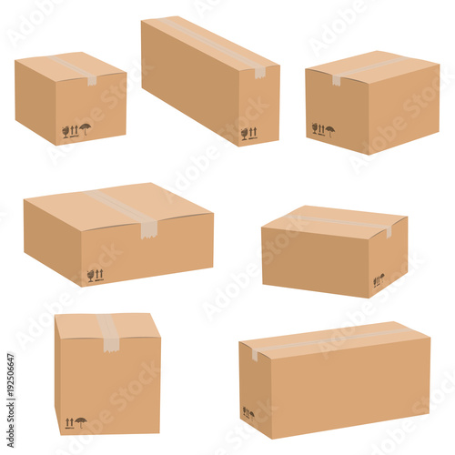 Set of cardboard boxes isolated on white background. Vector carton packaging box images.