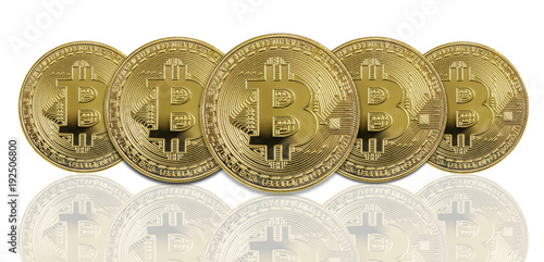Golden bitcoins on white ba...
