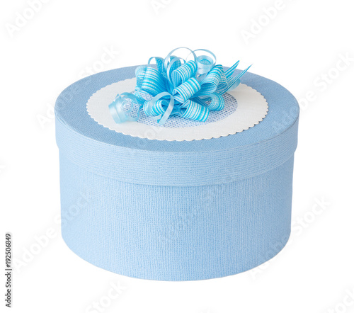 Blue gift box with a bow is...