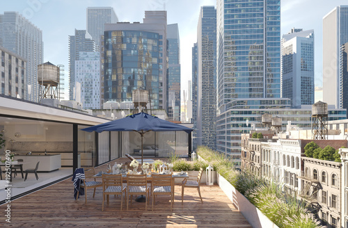 Fotografie penthouse terrace in a big city. 3d rendering