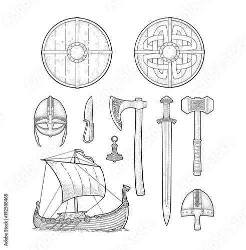 Set viking. Knife, drakkar, axe, helmet, sword, hammer, thor amulet