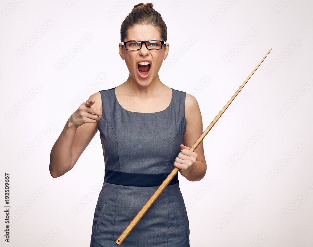 Bad teacher woman with pointer screams. Bad teacher woman with pointer screams.