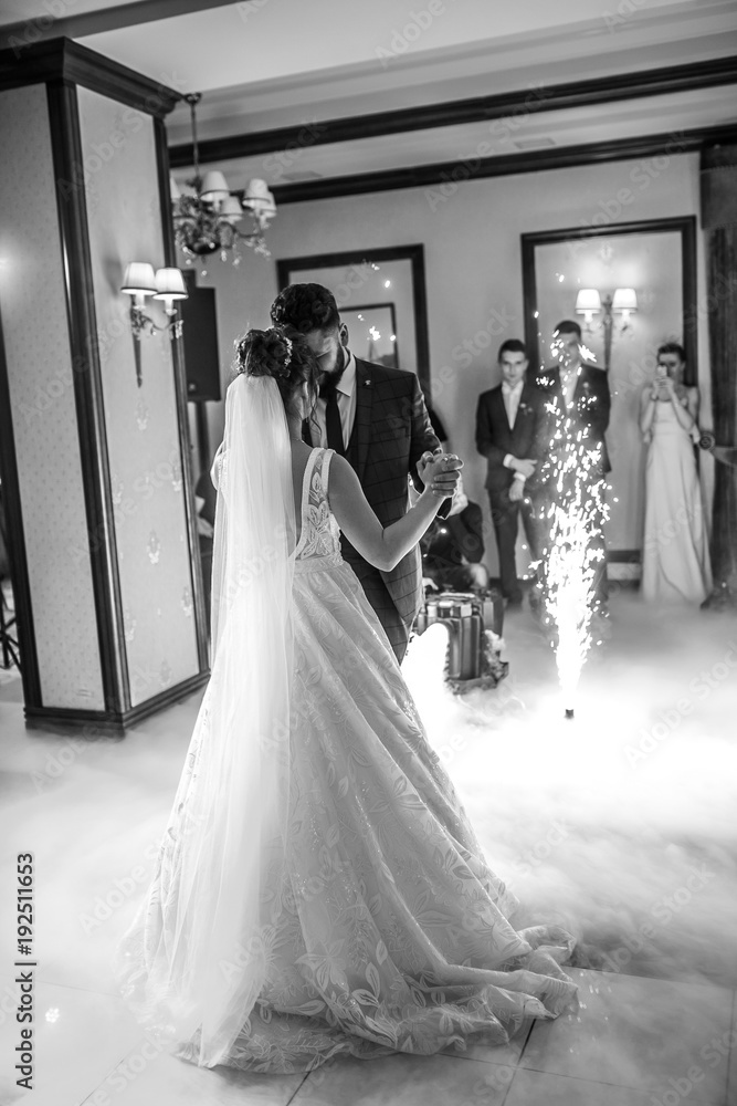 First dance the bride and groom in the smoke. brides wedding party in the elegant restaurant with a wonderful light and atmosphere
